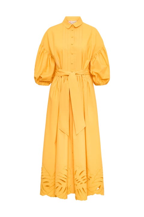 Poplin Dress With Big Leave Embroidery