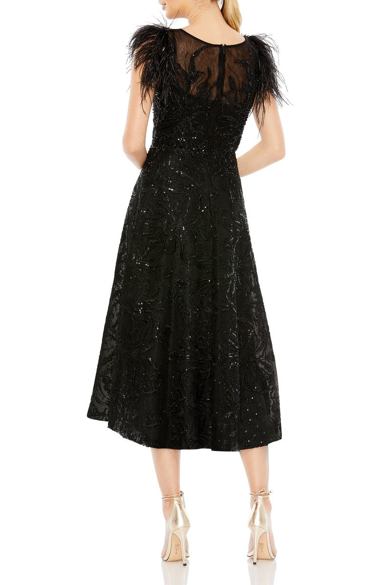 Mac Duggal Feather Shoulder Cap Sleeve Embellished Dress, Alternate, color, Black