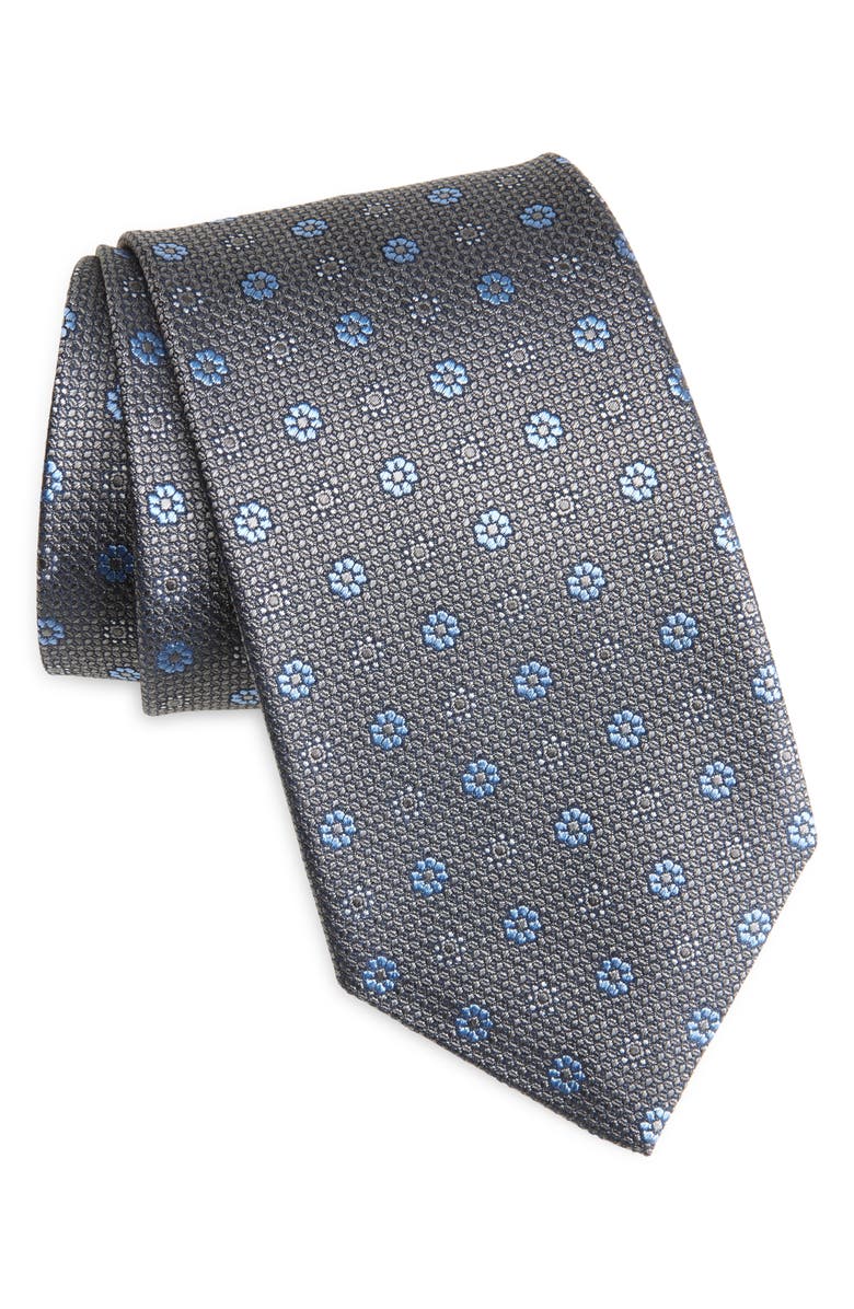 David Donahue Floral Medallion Silk Tie, Main, color, Gray
