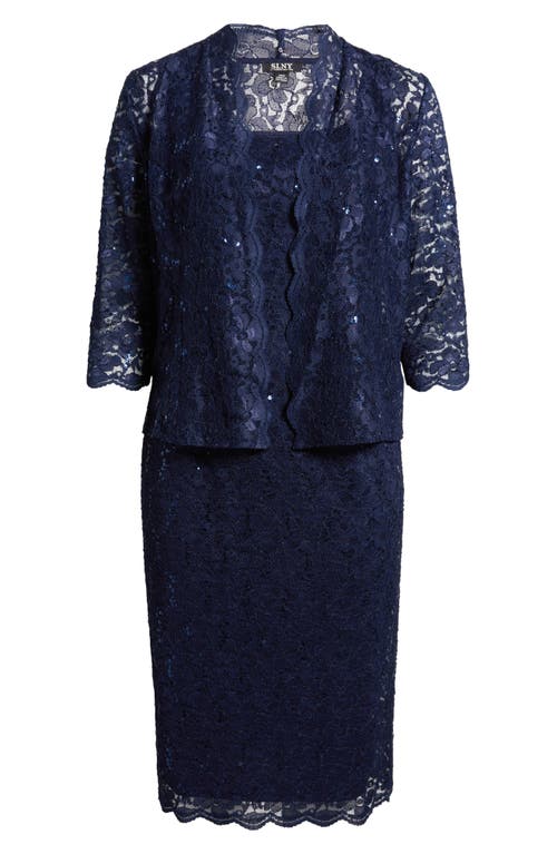 Shop Sl Fashions Slny Floral Lace Sequin Cardigan & Dress Set In Navy
