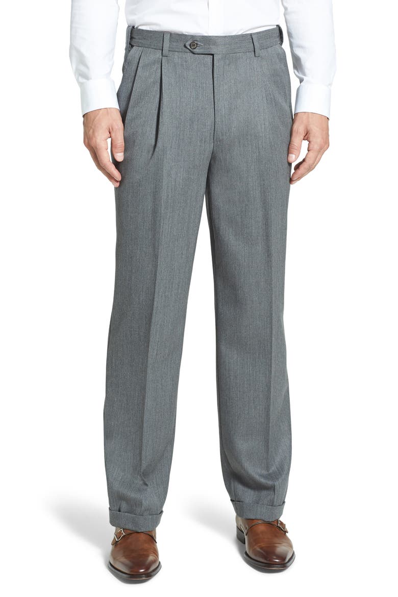 Self Sizer Waist Pleated Classic Fit Wool Gabardine Dress Pants, Main, color, MEDIUM GREY