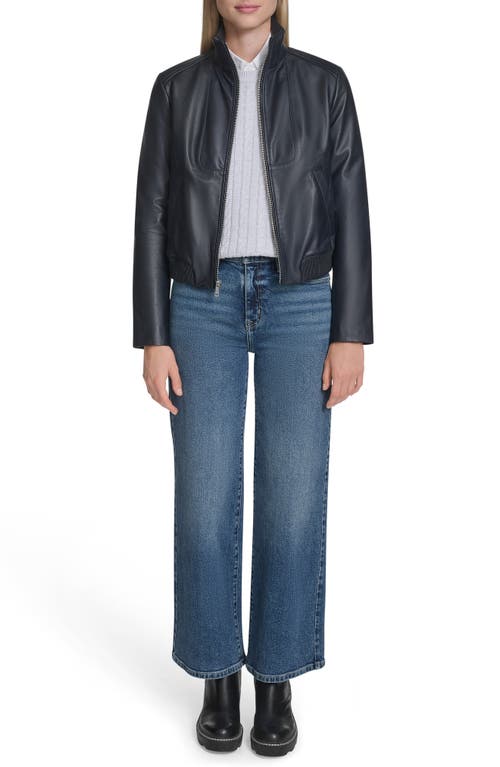 Cole Haan Stand Collar Leather Bomber Jacket In Blue