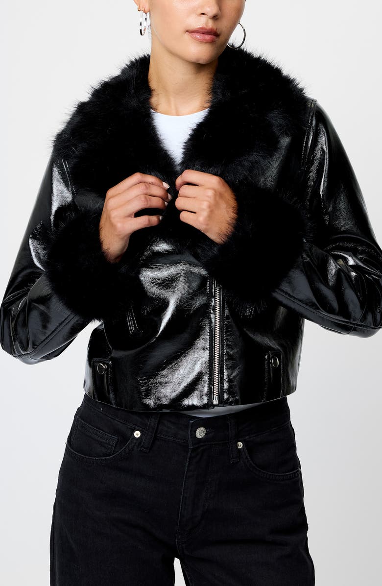French Connection Camryn Faux Fur Detail Crinkled Moto Jacket, Main, color, Black