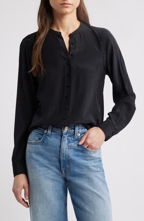 Band Collar Silk Button-Up Shirt