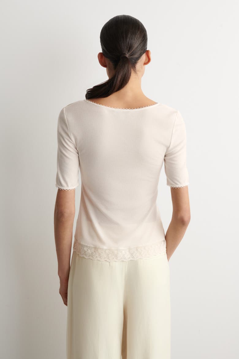 Lace-Trimmed Ribbed V-Neck T-Shirt, Alternate, color, WHITE