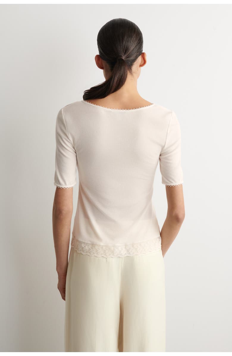 COS Lace-Trimmed Ribbed V-Neck T-Shirt, Alternate, color, White