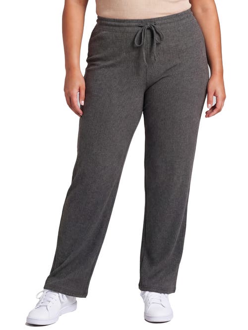 24seven Comfort Apparel Curvy Basic Ribbed Knit Drawstring Straight Leg Lounge Pants in Smoke at Nordstrom, Size 3X
