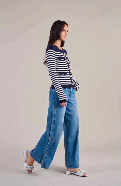 Anne Fontaine Cardigan Blue And White Striped Cardigan With Gold Flower Buttons In Blue