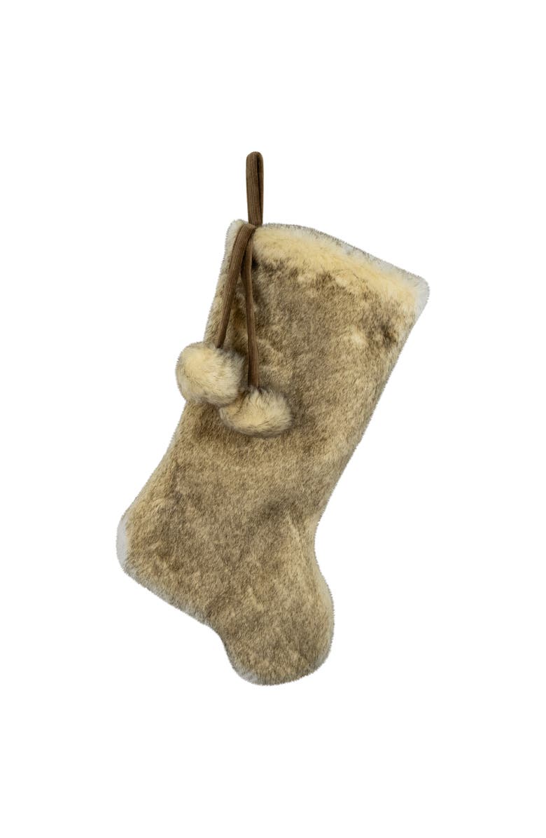 Northlight Faux Fur Christmas Stocking with Pom Poms - 20.5" - Beige and Brown, Main, color, 