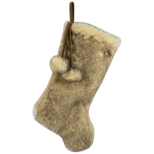 Northlight Faux Fur Christmas Stocking With Pom Poms In Neutral