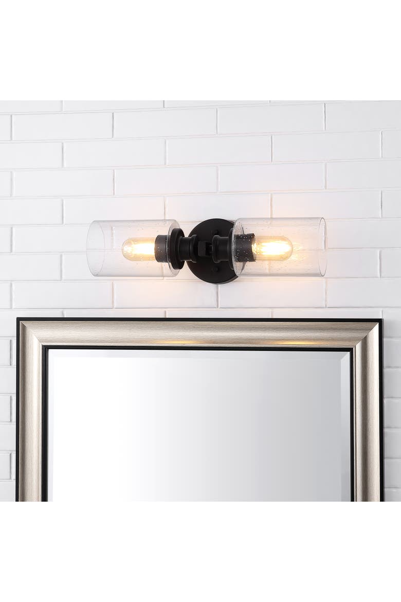 Jules Cylinder 2-Light Iron/Seeded Glass Farmhouse Contemporary LED Wall Sconce, Alternate, color, Black