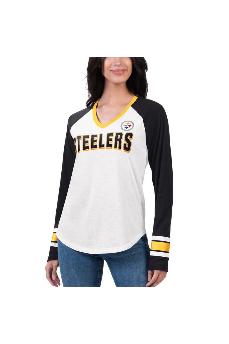 Women's G-III 4Her by Carl Banks White/Black Pittsburgh Steelers Top Team Raglan V-Neck Long Sleeve T-Shirt, Alternate, color, White