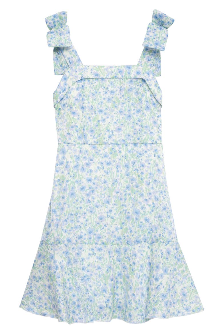 Kids' Shimmer Floral Bow Strap Dress, Main, color, WHITE/ BLUE
