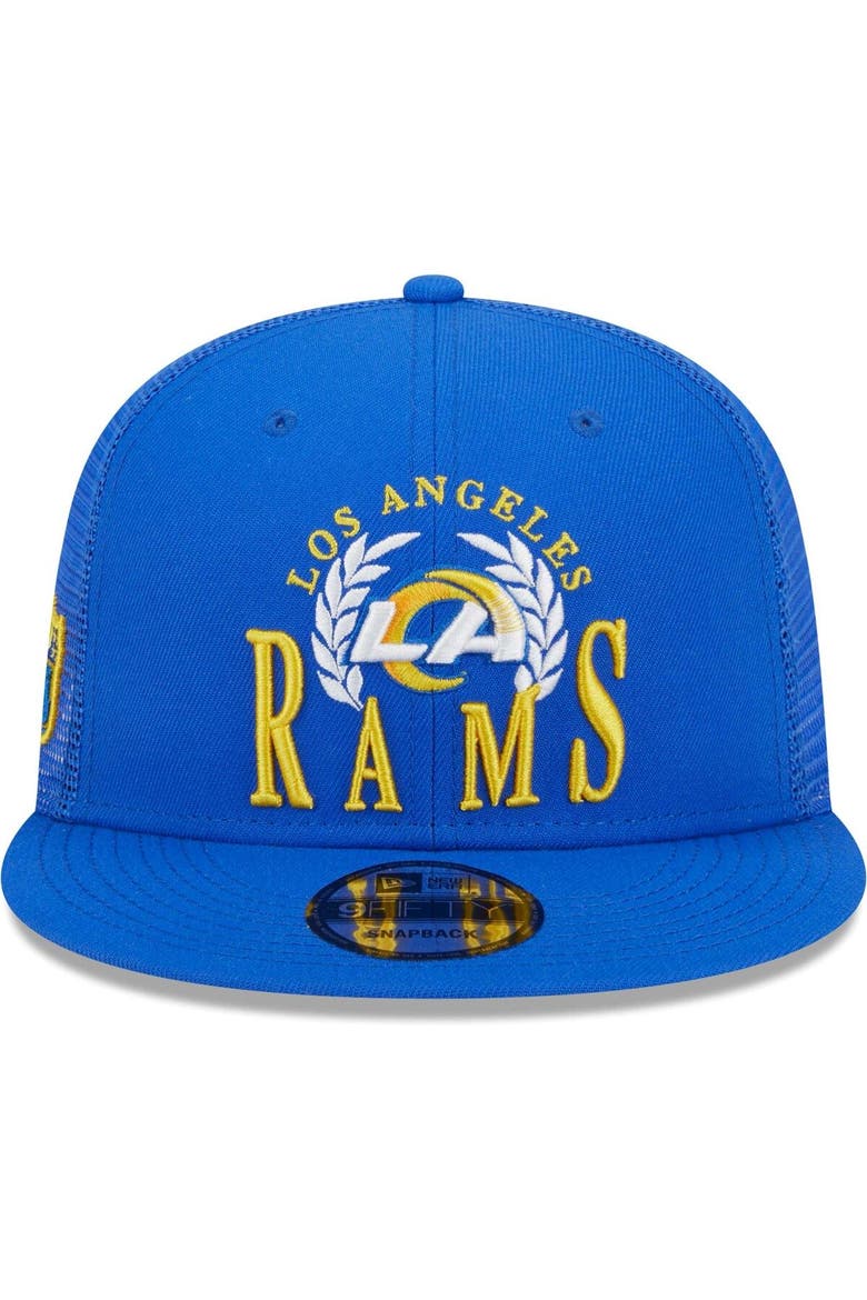 Men's New Era Royal Los Angeles Rams Collegiate Trucker 9FIFTY Snapback Hat, Alternate, color, Royal