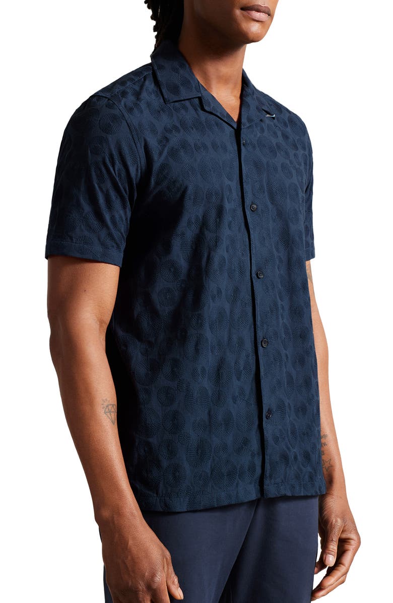 Ted Baker London Allbury Embroidered Short Sleeve Cototn Button-Up Shirt, Main, color, 