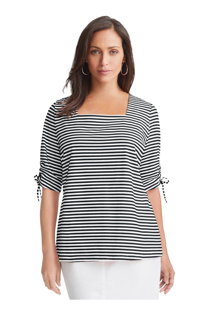 Jessica London Stretch Cotton Tie Sleeve Square Neck Tee, Main, color, Black Feeder Stripe