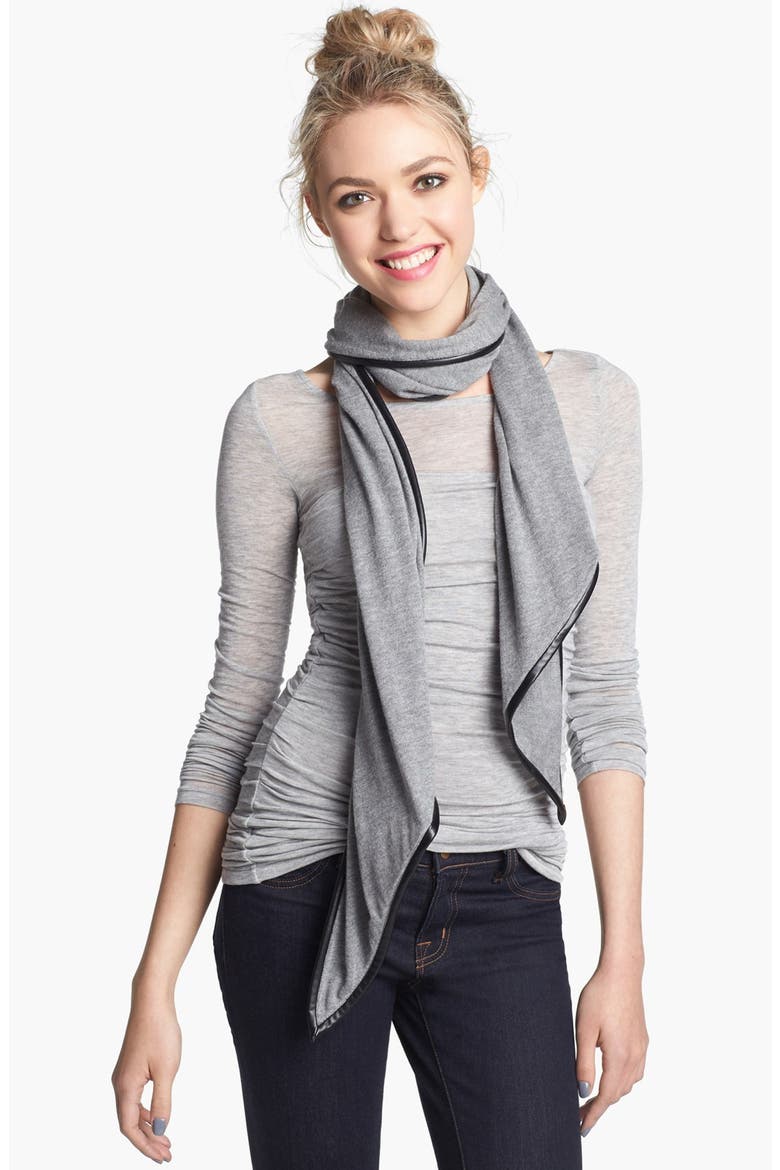 Faux Leather Trim Scarf, Main, color, MED GREY
