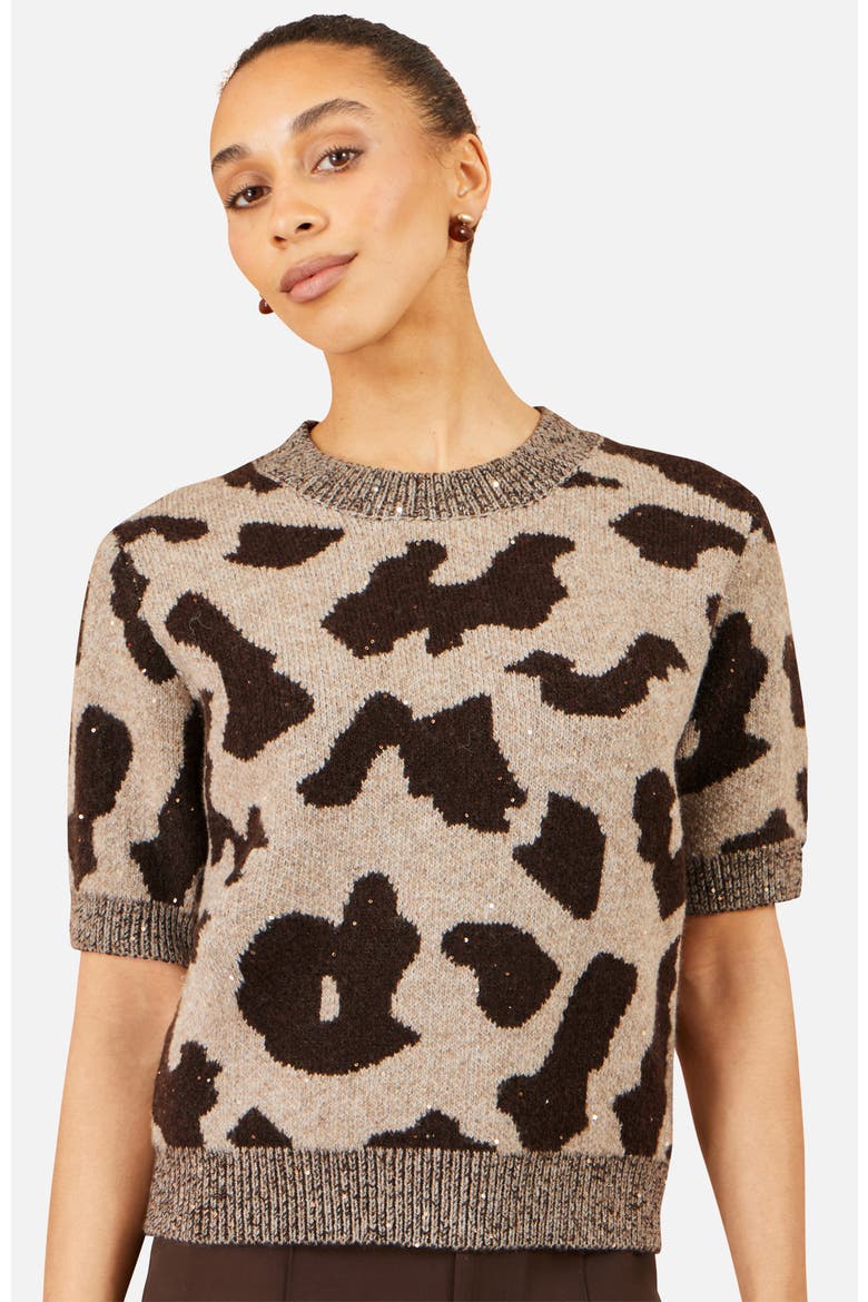 Leopard Intarsia Short Sleeve Jumper, Main, color, Brown