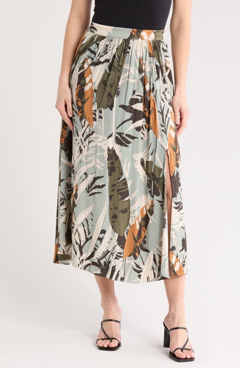 Palm Print Pleat Midi Skirt