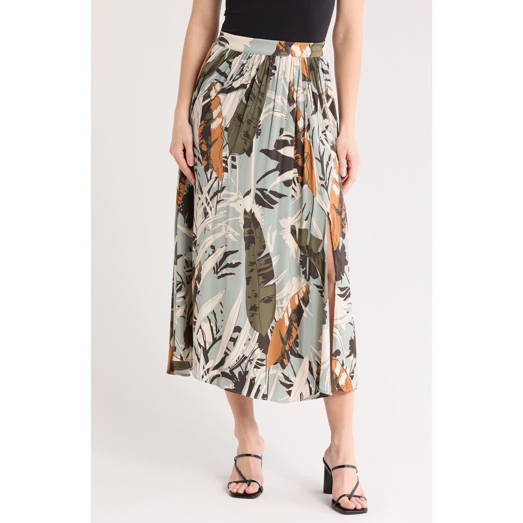 Adrianna Papell Palm Print Pleat Midi Skirt In Dusty Sea Mist Abstract Palm