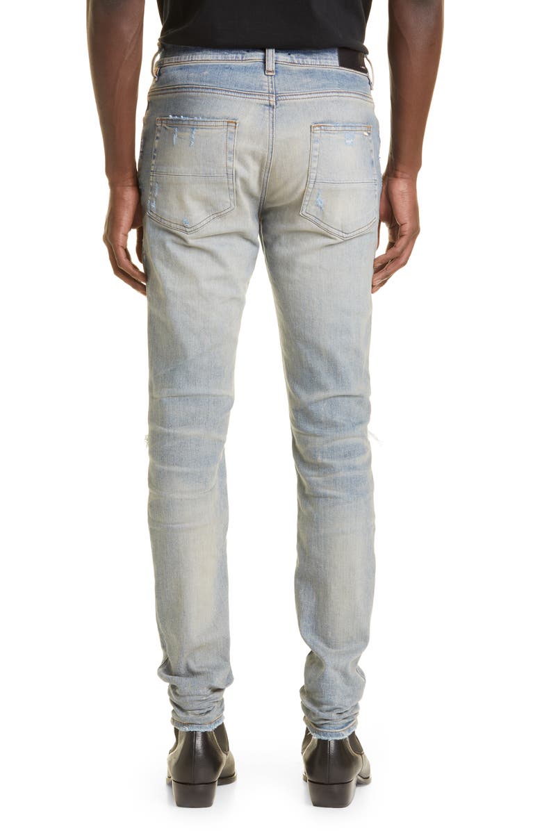 AMIRI MX1 Cracked Paint Leather Patch Ripped Skinny Jeans, Alternate, color, 