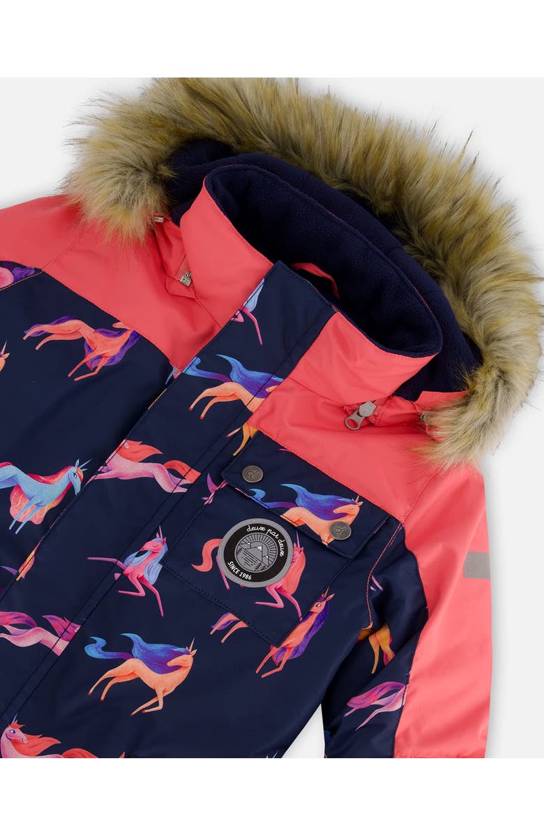 Deux par Deux Little Girl's One Piece Snowsuit Navy Printed Unicorn, Alternate, color,