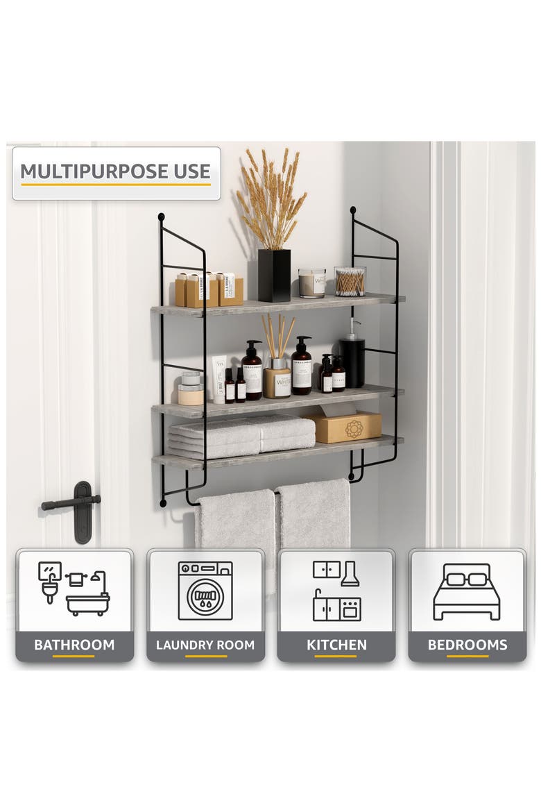 3-Tier Wooden Floating Shelf, Alternate, color, GRAY