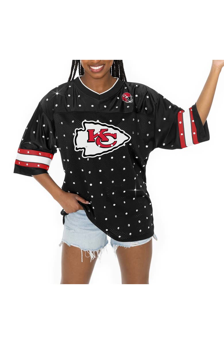 GAMEDAY COUTURE Women's Gameday Couture Black Kansas City Chiefs Kickoff Time Allover Rhinestone Sports Stripe Jersey V-Neck T-Shirt, Alternate, color, 