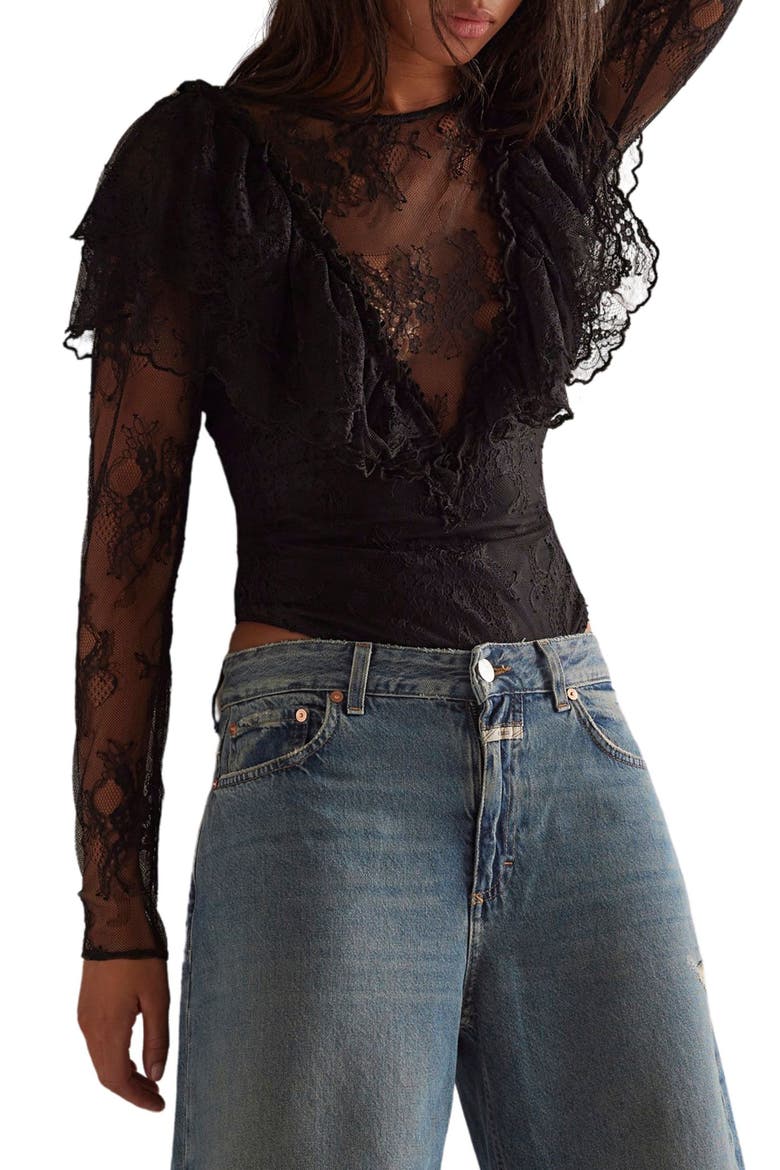 Sunday Candy Lace Long Sleeve Bodysuit, Main, color, BLACK