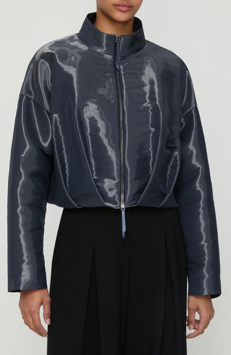 Lafayette 148 New York Pleated Waist Liquid Twill Jacket, Main, color, Ink Iridescent