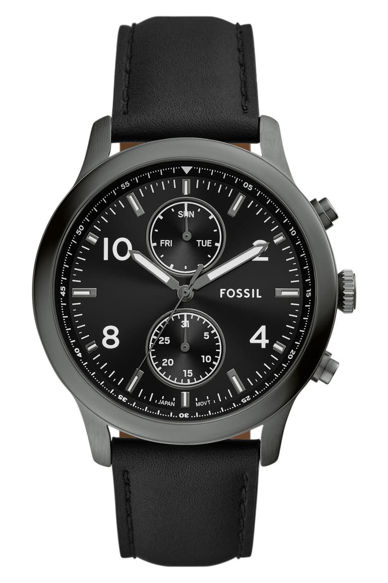 Bennett Chronograph Leather Strap Watch, 45mm, Main, color, BLACK