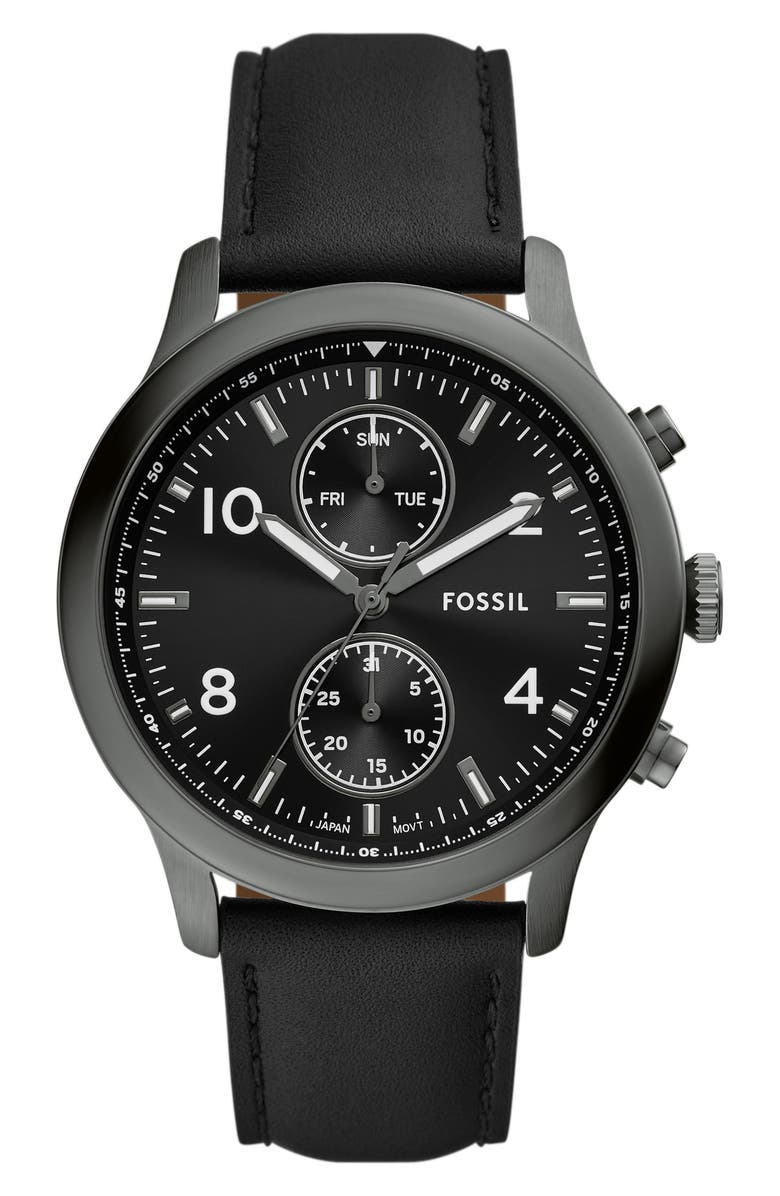 Fossil Bennett Chronograph Leather Strap Watch, 45mm, Main, color, Black