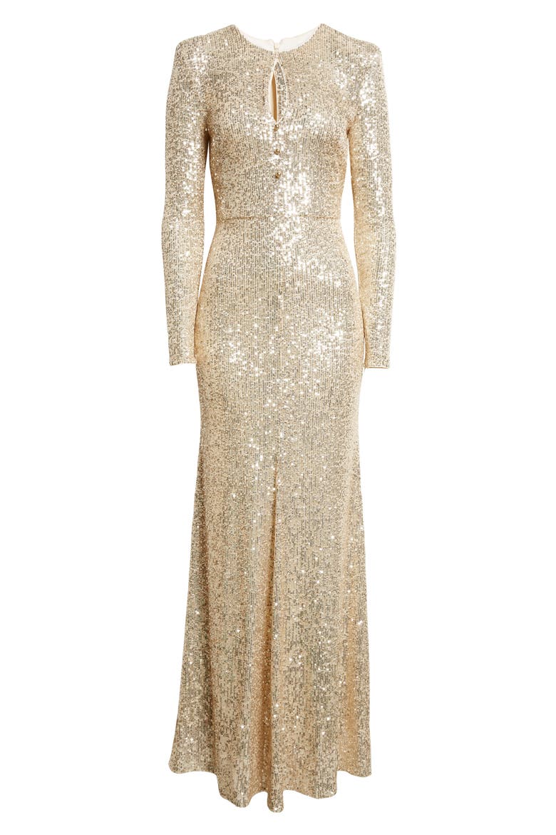 Long Sleeve Sequin Stretch Knit Gown, Alternate, color, ECRU/ GOLD