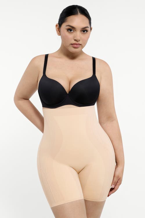 Shapellx Tummy Control Flawless Smoothing Mid-thigh Shorts In Khaki Beige