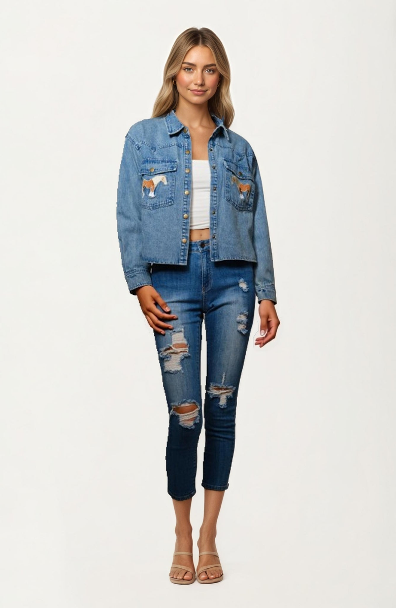 Knit and Lounge Embroidered Horse Pockets Denim Jacket, Main, color,