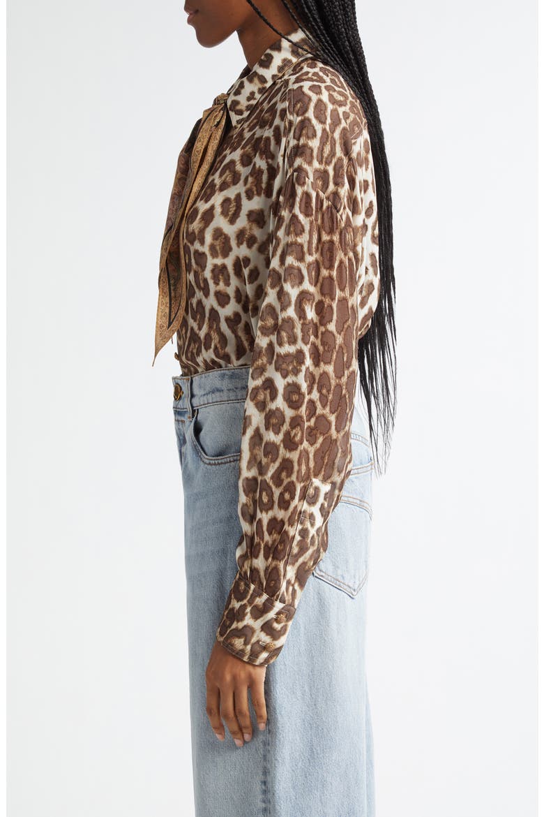 Illustration Leopard Print Scarf Detail Button-Up Shirt, Alternate, color, CHOCOLATE LEOPARD