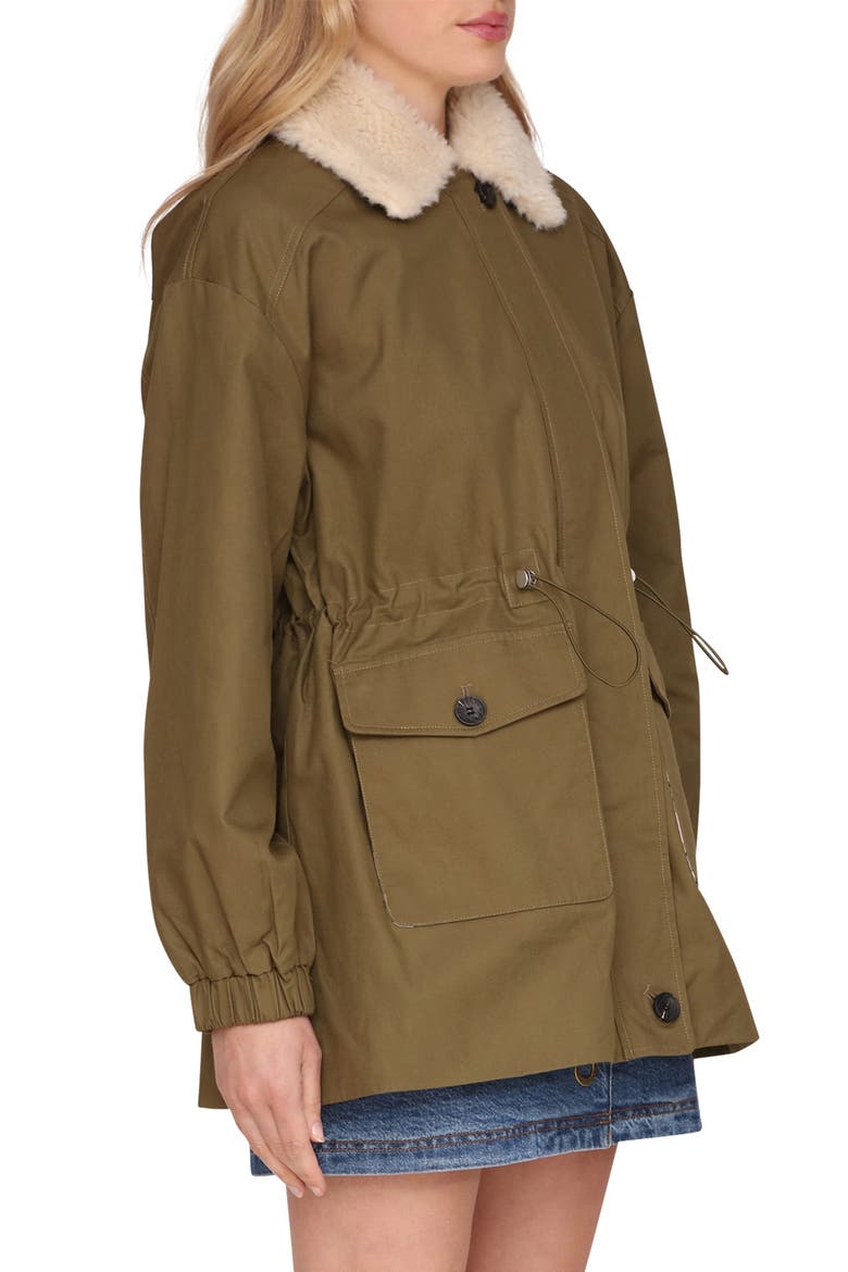 Cinched Cotton Jacket with Faux Shearling Collar, Alternate, color, ARMY GREEN