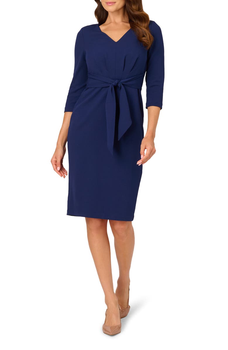 Adrianna Papell Tie Waist Crepe Sheath Dress, Main, color, Navy Sateen
