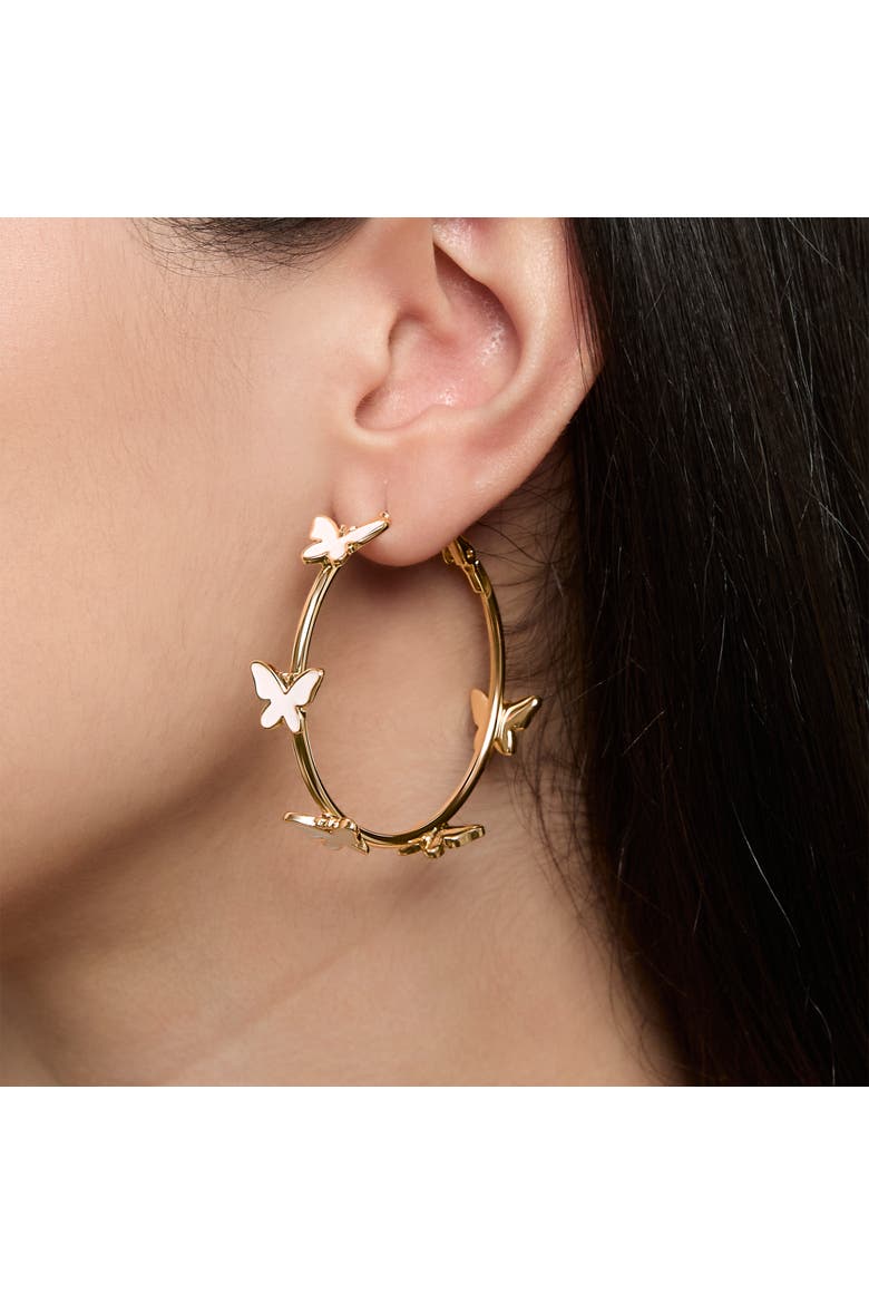 Butterfly Earrings for Women, White Enamel and Gold-Tone Butterfly Hoop Earrings, Alternate, color, Gold tone