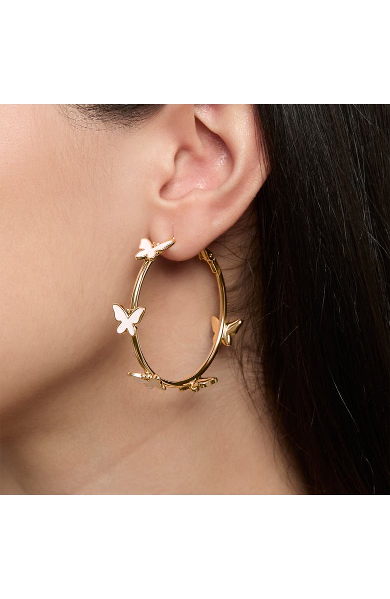 Jessica Simpson Butterfly Earrings for Women, White Enamel and Gold-Tone Butterfly Hoop Earrings, Alternate, color, Gold Tone