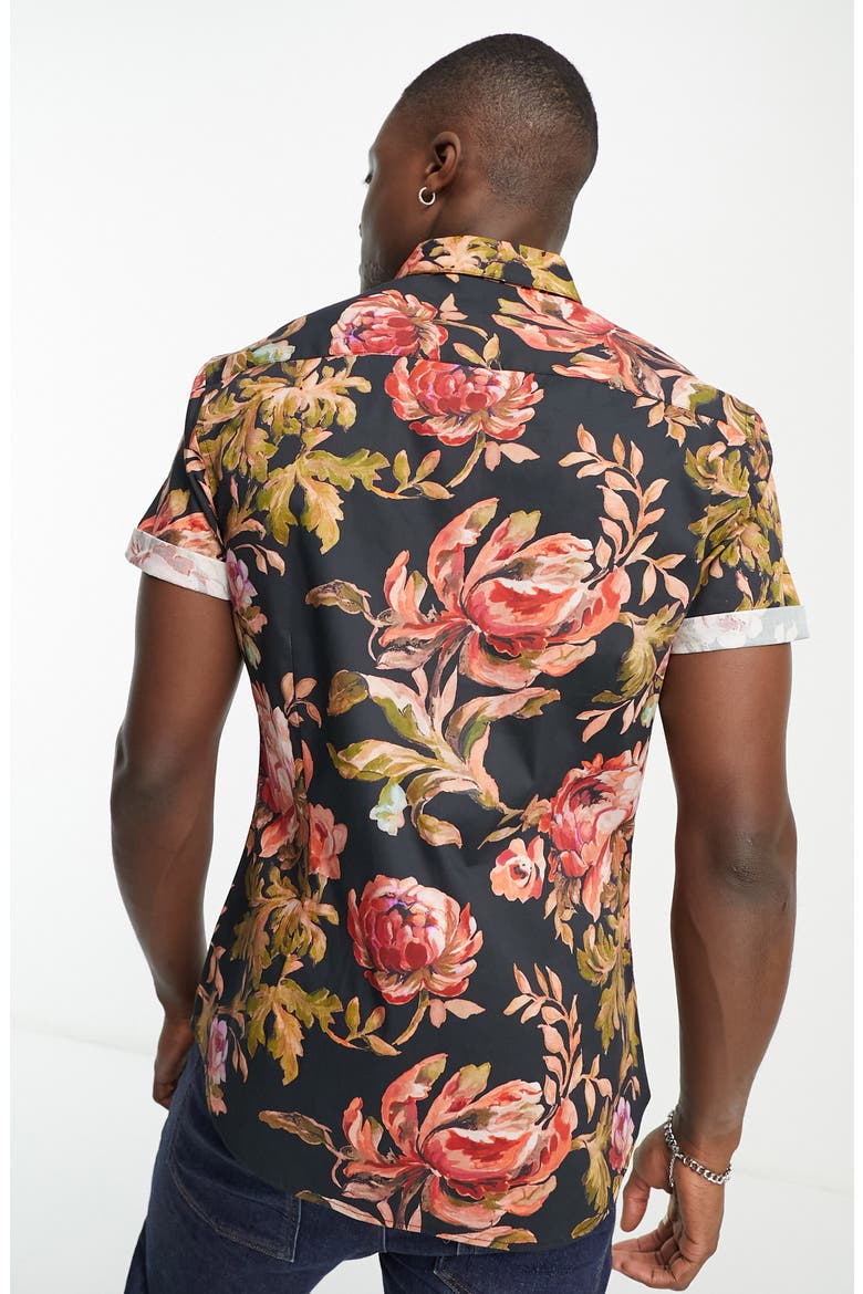 Slim Fit Floral Short Sleeve Stretch Cotton Button-Down Shirt, Alternate, color, BLACK