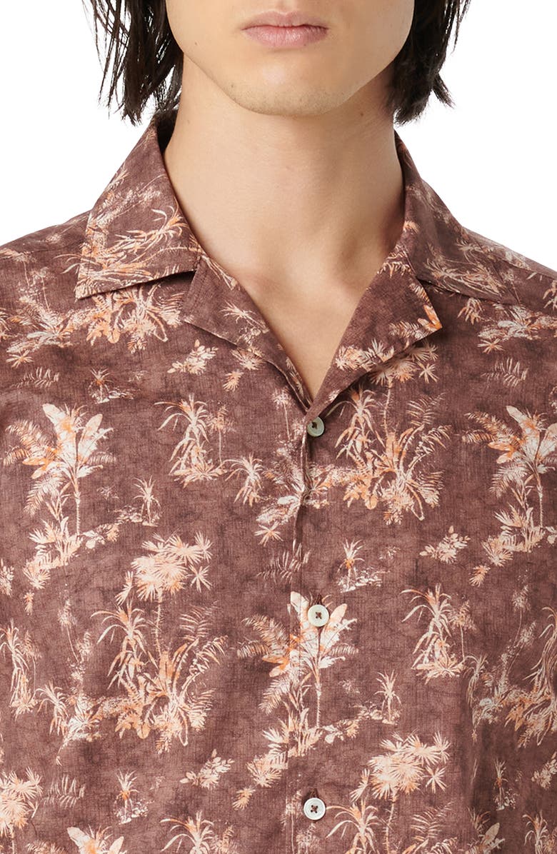 Bugatchi Jackson Shaped Fit Palm Tree Print Button-Up Camp Shirt, Alternate, color, Mocha