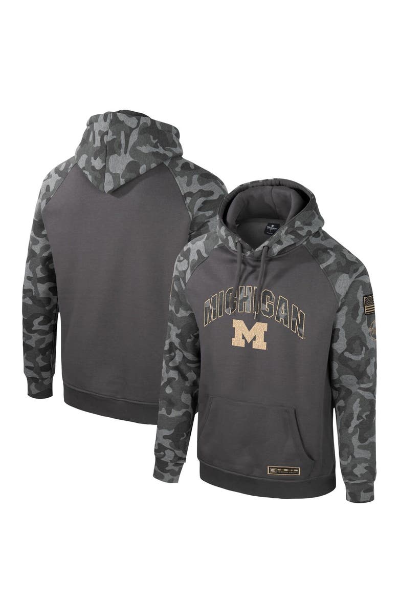 COLOSSEUM Men's Colosseum Charcoal Michigan Wolverines OHT Military Appreciation Camo Raglan Pullover Hoodie, Main, color, 