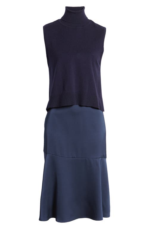 Shop Sam Edelman Two-piece Sleeveless Turtleneck Sweater & Satin Slipdress In Navy