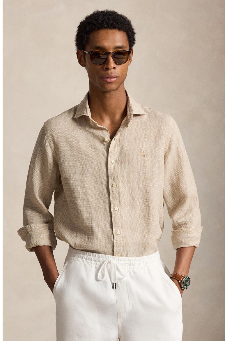 Classic Fit Houndstooth Linen Button-Up Shirt, Alternate, color, 6555H COASTAL BEIGE/WHITE
