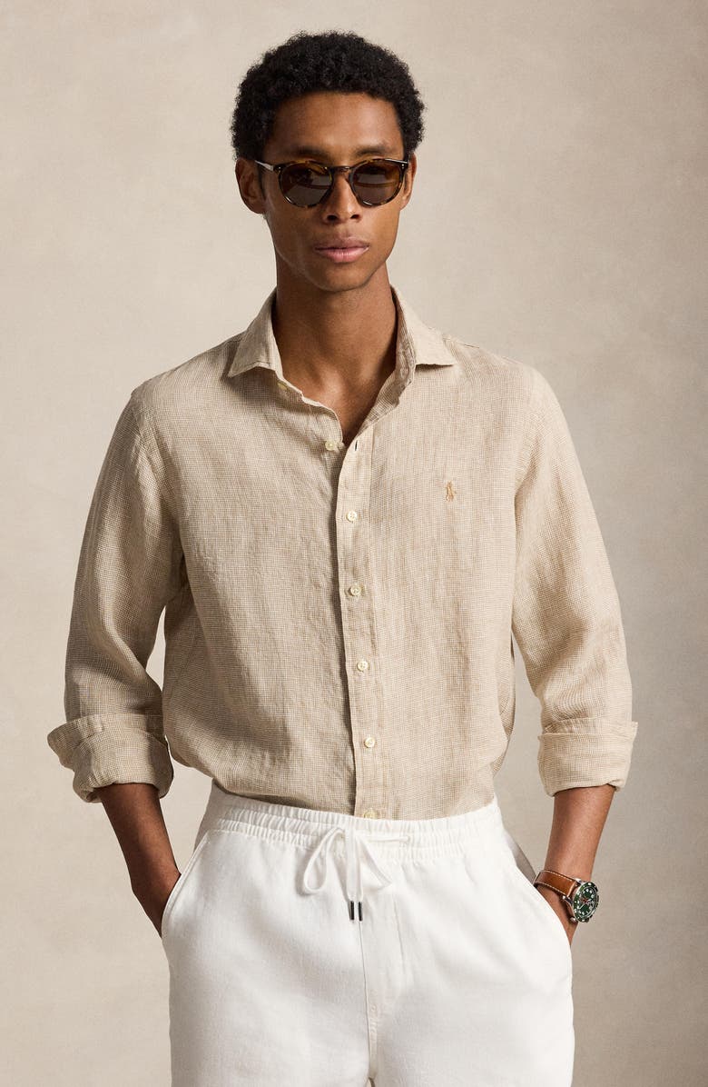 Polo Ralph Lauren Classic Fit Houndstooth Linen Button-Up Shirt, Alternate, color, 6555H Coastal Beige/White