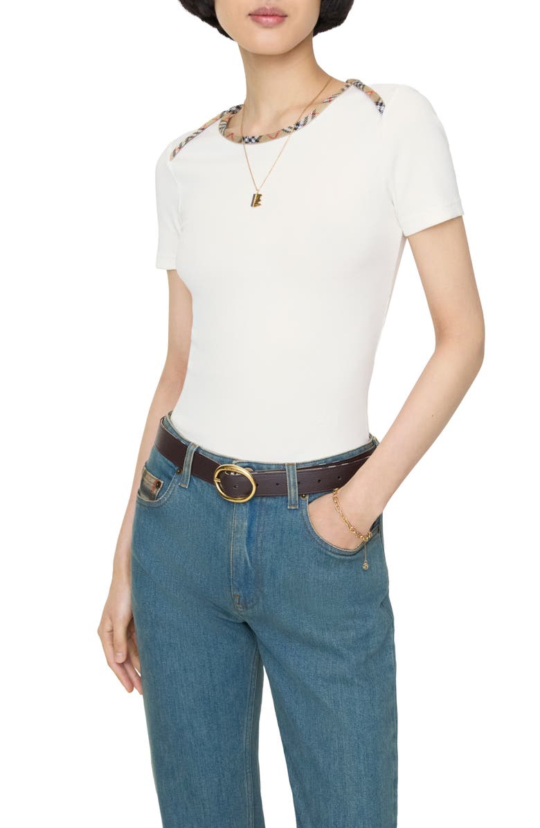 Burberry Stephanie Slim Fit Check Trim Stretch Cotton Rib T-Shirt, Alternate, color, Chalk