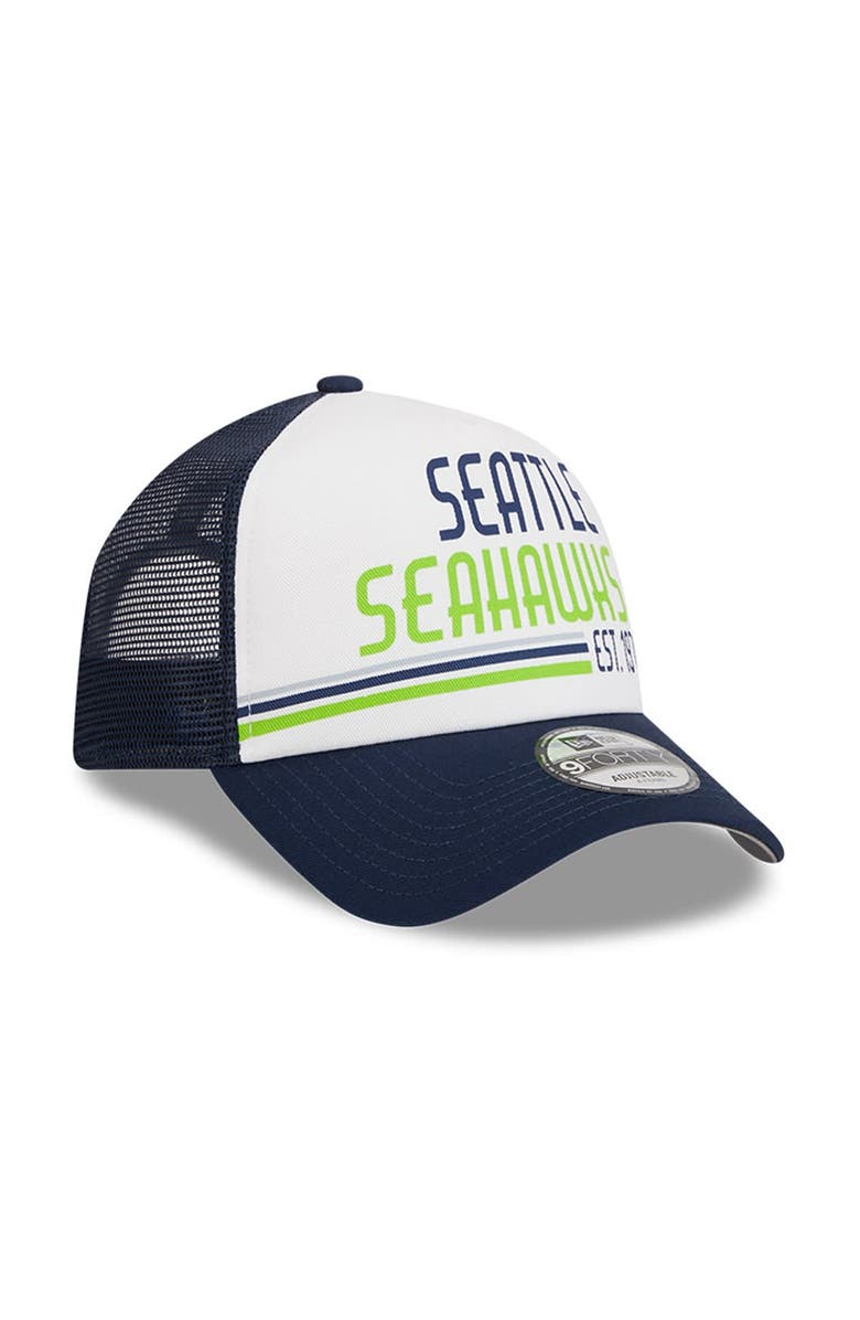 New Era Men's New Era White/College Navy Seattle Seahawks Stacked A-Frame Trucker 9FORTY Adjustable Hat, Alternate, color, White