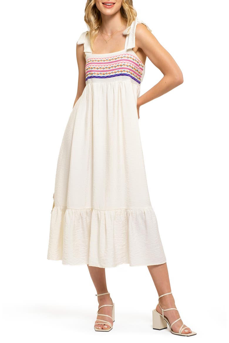 Embroidered Tie Strap Empire Waist Midi Dress, Main, color, CREAM