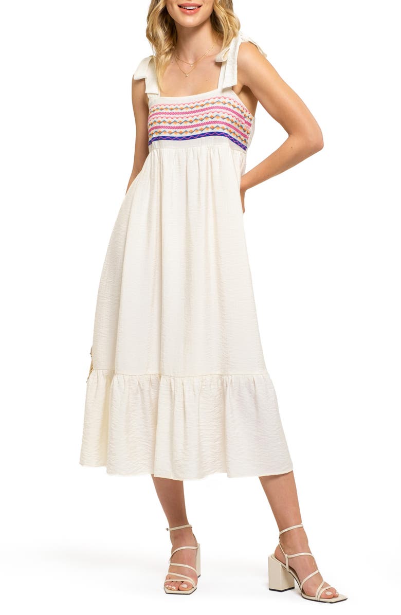 AUGUST SKY Embroidered Tie Strap Empire Waist Midi Dress, Main, color, Cream